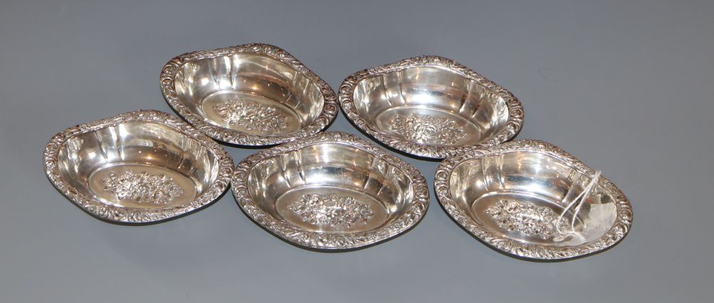 A set of six 20th century Austrian 800 white metal oval bon bon dishes, 10.2cm, 6.5oz.